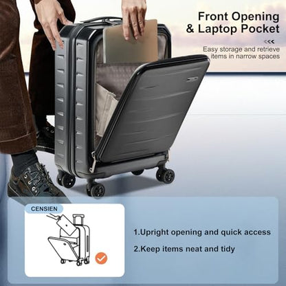 CENSIEN 20 Inch Carry On Luggage 22×14×9 Airline Approved with Front Pocket | Front Opening with Laptop Pocket,Lightweight ABS+PC Hard Shell Suitcases,360° Spinner Wheels,TSA Lock,YKK Zipper,Black - color: Black, size: 20 Inch