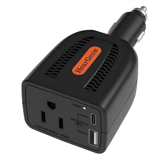 HearGrow100w Car Power Inverter, 12V DC to 110V AC Vehicles Converter with USB Ports，Plug Adapter Outlet and Fast Charging PD3.0 Type-C for Phones, Pads, Laptops and Computer Charger - color: black