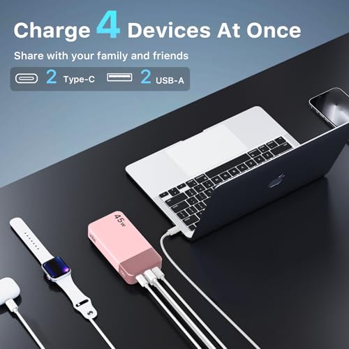 NOBIS Portable Charger 45W 20000mAh Power Bank Fast Charging | 2C+2A Battery Pack with C to C Cable, Battery Bank with Digital Display for iPhone Android Laptop etc - color: Pink