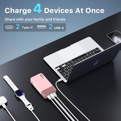 NOBIS Portable Charger 45W 20000mAh Power Bank Fast Charging | 2C+2A Battery Pack with C to C Cable, Battery Bank with Digital Display for iPhone Android Laptop etc - color: Pink