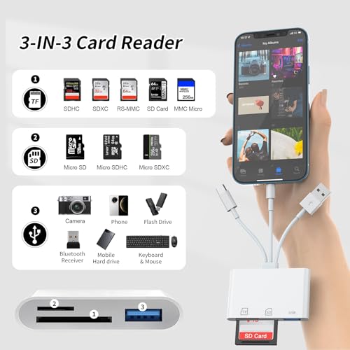 3IN3 SD Card Reader,USB C SD Card Reader,supports SD and MicroSD memory card adapter(includes USB A female port),compatible with flash drives,iPhone 15/16,MacBook,Mac,Trail Camera viewer,Plug and play - size: 3IN3 SD Card Reader
