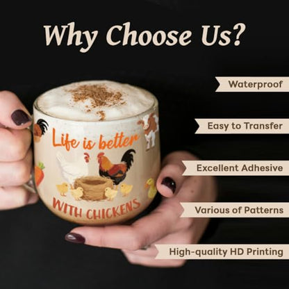 Peacoblue UV DTF Cup Wraps Transfer Stickers Farm Animals and Chickens Pattern, 10 Sheets Waterproof Custom Vinyl Transfer Sticker 16oz Coffee Glass Cup Tumbler Bottle Mug Decals for Men Women - style: Farm Animals and Chickens