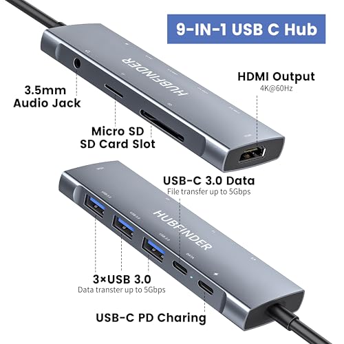 USB C Hub, HUBFINDER 9 in 1 USBC to HDMI with 4K, 100W Power Delivery, 3 USB3.0 and USB-C 5 Gbps Data Ports, SD/TF Card Reader, 3.5mm Headphone Jack, for MacBook Air, MacBook Pro,iPad Pro
