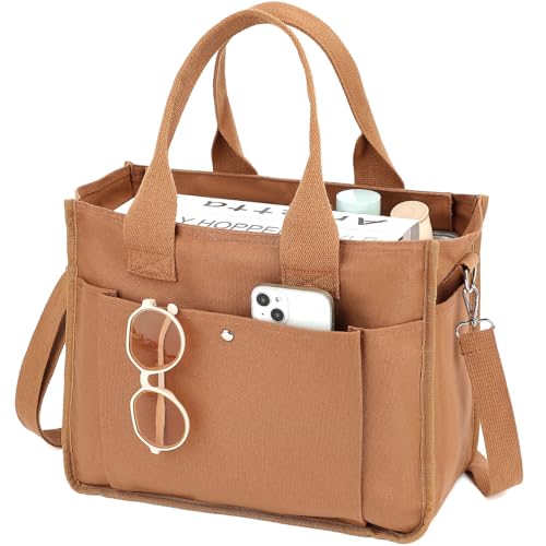 Fammart Large Canvas Tote Bag for Women with Zipper & Compartments, Crossbody Laptop Bags for Work College Travel - color: Brown