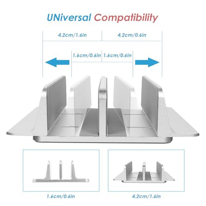 Aluminum Alloy Vertical Laptop Stand Dual Slot Notebook Mount Base for Desk Organizer Compatible with Tablets and Laptops Silver Space-Saving Desktop Holder