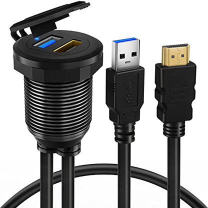 USB 3.0 HDMI Car Mount Flush USB Port Cable, Alloy Shell HDMI USB3.0 Dash Panel Extension Cable with LED Indicator for Car Boat Motorcycle -3ft - style: USB3.0 & HDMI 3ft