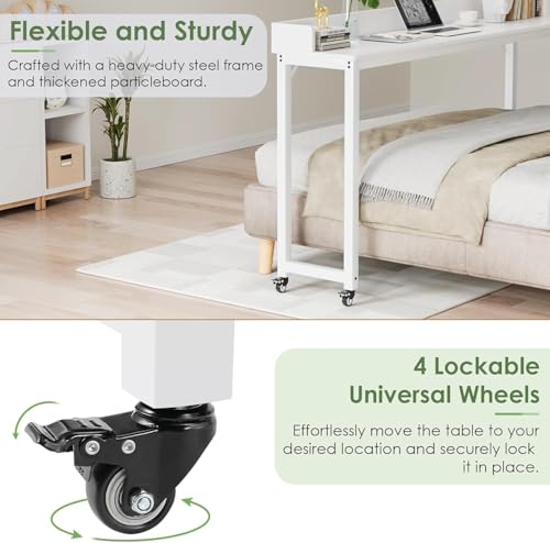 Clevich Overbed Table with Wheels, 16" D x 71" W x 41" H Mobile Bed Desk | Queen Full Size Mobile Computer Desk with eavy Duty Metal Leg, Standing Laptop Cart, for Bedroom, Living Room - color: White