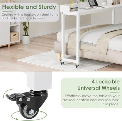 Clevich Overbed Table with Wheels, 16" D x 71" W x 41" H Mobile Bed Desk | Queen Full Size Mobile Computer Desk with eavy Duty Metal Leg, Standing Laptop Cart, for Bedroom, Living Room - color: White