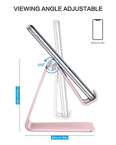 OMOTON Adjustable Cell Phone Stand, C2 Aluminum Desktop Phone Holder Dock Compatible with iPhone 15 14 13 Xs XR 8 Plus 7 6, Samsung Galaxy, Google Pixel, Android Phones, Rose Gold | Sturdy 3mm Aluminum, Charging Port, 270° Adjustable, Non-Slip Silicone Pa