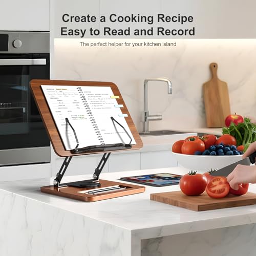 OPTIXCELL Book Stand for Reading, 360° Rotating Book Holder, Page Clips | Hands Free, Built-in Storage Tray, Adjustable Height Angle, Non-Slip, Foldable 13.3x9.4x1.9in, Fits Cookbook Tablet & Laptop - style: Book Stand
