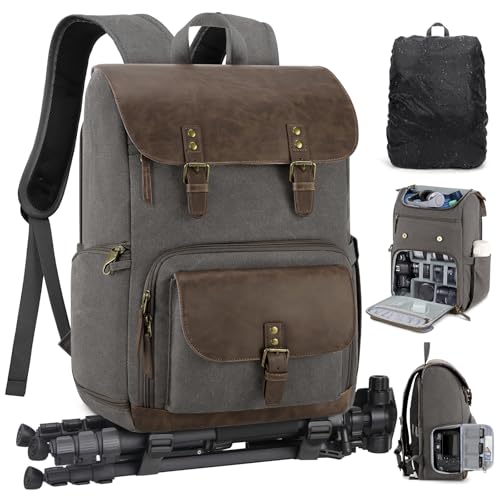 RAINSMORE Camera Bag Professional for DSLR/SLR Mirrorless Waterproof 15.6 Inch Laptop Photography Backpack with Side Access Rain Cover Tripod Holder Large Anti-Theft Camera Backpacks for Photographers - color: Grey