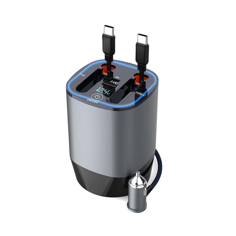 120W 4-in-1 Fast Car Charger - Retractable Cable Station with Digital Display, 100W Type-C & Lightning Coils, Universal for All 12V-24V Cigarette Lighter Vehicles