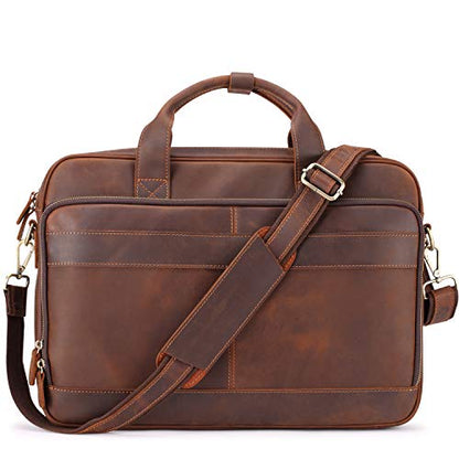 Jack&Chris Full Grain Leather Briefcase for Men, Business Messenger Bag Laptop Bag Attache Case, Fits 15.6 Inch Laptop - color: Red Brow-15.6inch