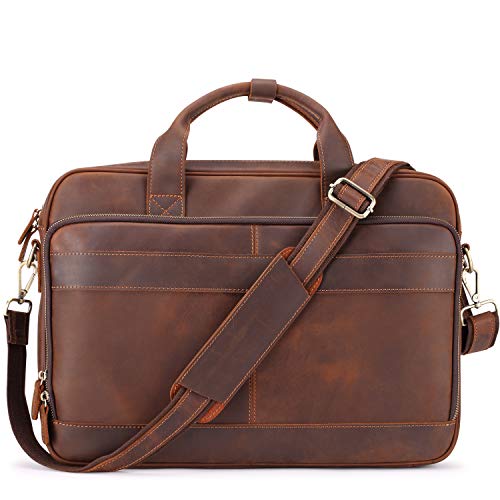 Jack&Chris Full Grain Leather Briefcase for Men, Business Messenger Bag Laptop Bag Attache Case, Fits 15.6 Inch Laptop - color: Red Brow-15.6inch