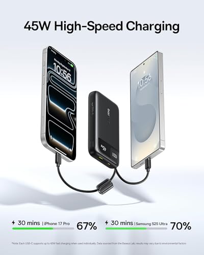 Baseus 20000mAh Compact Portable Charger 45W, CCC Certified Power Bank Built-in USB-C Cables, Travel Essential PD Fast Charging Battery Pack for iPhone 17/16 Series Galaxy S25/S24 Ultra Google iPad - color: Black