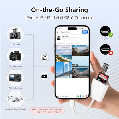 SD Card Reader for iPhone 15/16/17, Sd Card Reader USB C,Micro Sd Card Reader for ipad, USB C Sd Card Reader for ipad,Plug and Play No App Required,Adapter for Digital Camera to Phone