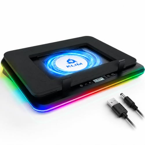 KLIM Turbofrost Gaming Laptop Cooling Pad, 16,000 RPM, RGB, USB-C/DC | 4 turbo fans, aircraft-grade aluminum, anti-dust, dual USB-C/DC power, 3 extra USB ports, up to 17.3in, Full Black