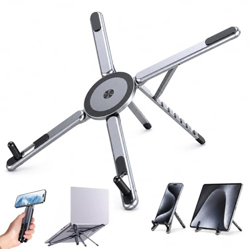 3 in 1 Magnetic Laptop Stand Foldable(Aluminum Alloy Gray) | For Phone Tablet Laptop 10-16 Inch, 8 Level Height Adjustable Computer Riser, Aluminum Alloy, Travel Desk Home Office Use