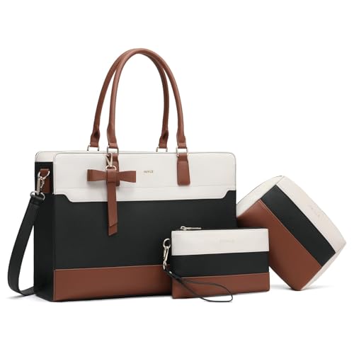 Keyli 3pcs Laptop Bag for Women 15.6 Inch Leather Work Tote Bags Professional Business Office Computer Shoulder Briefcase - color: 3pcs-black-white-brown