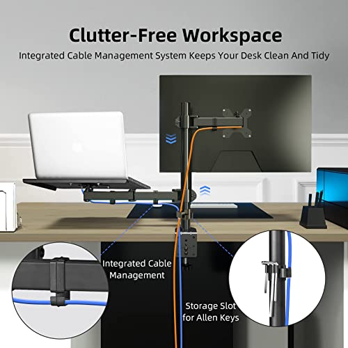 suptek Monitor and Laptop Mount Holds 13-32 inch Computer Screen, Adjustable Monitor Arm Stand with Laptop Tray for 13-27 inch, Hold 22 lbs, with Clamp and Grommet Mounting Base - style: Dual laptop & monitor mount