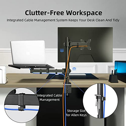 suptek Monitor and Laptop Mount Holds 13-32 inch Computer Screen, Adjustable Monitor Arm Stand with Laptop Tray for 13-27 inch, Hold 22 lbs, with Clamp and Grommet Mounting Base - style: Dual laptop & monitor mount