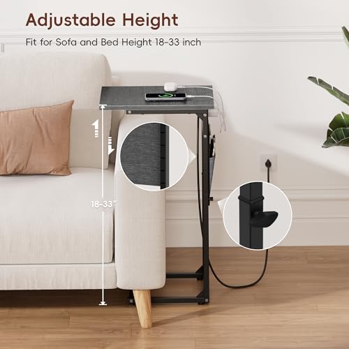 Vagusicc C-Shaped End Tables Set of 2 with Charging Station, 33'' Tall C Table Adjustable Height Side Table for Couch, Small Couch Table that Slide Under Sofa, TV Trays for Living Room, Gray Walnut - color: 2pc Gray Walnut, style: With Plug