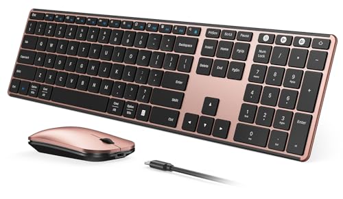 seenda SKM64-3 Wireless Bluetooth Keyboard Mouse Combo for Windows and Mac | USB and dual Bluetooth multi-device switching, quiet, rechargeable, full-size slim set for PC, MacBook, iPad, Black Rose Gold - color: Black Rose Gold