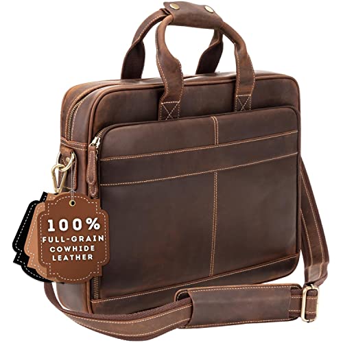 Full-Grain Leather Briefcase for Men - Laptop Bag with Leather Computer Compartment - color: Dark Brown, size: 17-inch