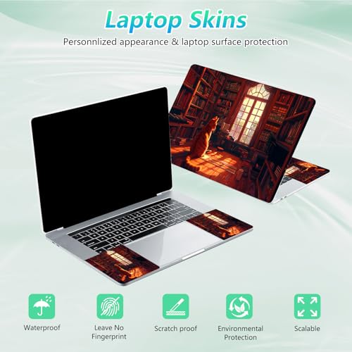 Laptop Skin Sticker Decal 12"-15.6" Universal Laptop/Notebook/Netbook Vinyl - Waterproof Scratch Resistant,Fits HP Dell Lenovo MacBook,2 Free Wrist Pads,Easy Apply & Remove,Cat Bookshelf Red - color: Cat Bookshelf Red