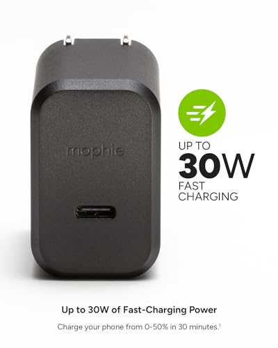 Mophie GaN 30W USB C Charger Block - Fast Wall Charger for iPhone, iPad, Samsung Galaxy, Google Pixel, and More - Compact, Foldable Prongs, Eco-Friendly, Black