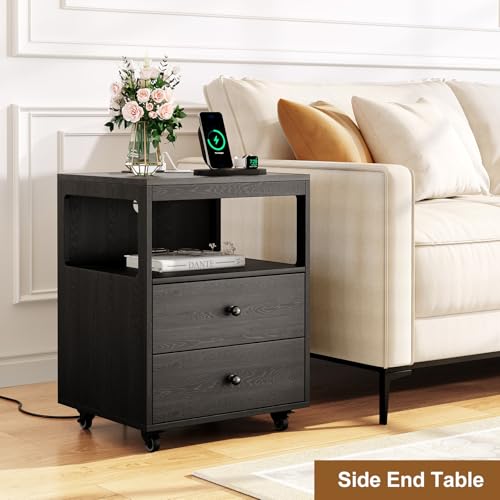 Bedroom Nightstand with Charging Station, Side Table with 2 Drawers,Sofa End Table Living Room with Wheels for Living Room Bedroom Office(Black) - color: [A2] Black