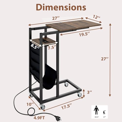 GIANTEX 27" C Shaped End Table w/Charging Station, Rolling Wheels | Slide Under Couch, Outlets & USB Port, Side Table Nightstand Small Laptop Sofa TV Tray C Table for Living Room, Rustic Brown
