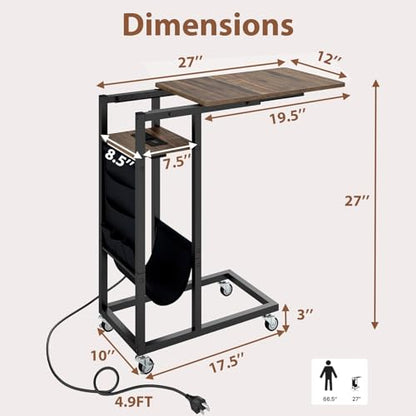 GIANTEX 27" C Shaped End Table w/Charging Station, Rolling Wheels | Slide Under Couch, Outlets & USB Port, Side Table Nightstand Small Laptop Sofa TV Tray C Table for Living Room, Rustic Brown