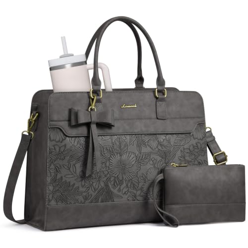 LOVEVOOK Laptop Tote Bag for Women,Leather Work Bag, Waterproof Business Teacher Bag,Large Computer Handbag Purse Briefcase,Office Gifts for Women - color: Embossed Light Gray, size: 15.6 Inch