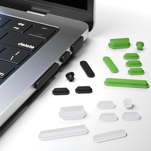 ProElife 21-Pcs Anti Dust Dirt Plug for MacBook Pro 14, Green, Black, Clear | Protective Laptop Silicone Anti Dirt Protective Cover, Durable & Reusable, Custom Fit Design, Easy to Apply and Clean - color: Black/Clear/Green