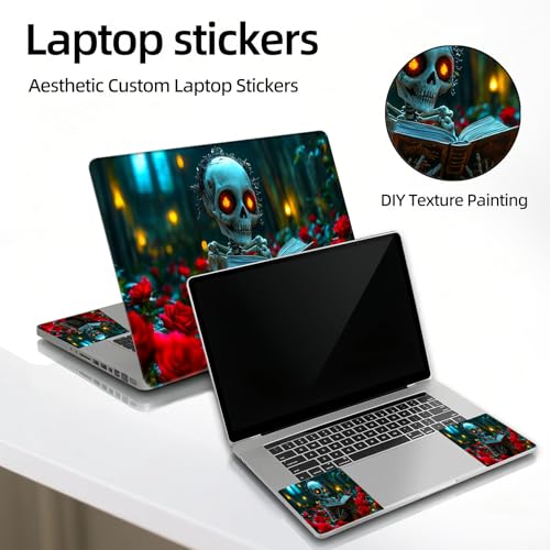 Universal Laptop Skin Sticker Decal, 12"-15.6" Aesthetic Vinyl Wrap, Skeleton Reading Book in Roses Waterproof Notebook Cover Art Protector for MacBook HP Dell Lenovo, Fits 13" 14" 15" 15.6" - color: Skeleton Reading Book in Roses