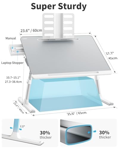 Laptop tray, SAIJI 60*45cm Table lap for bed, Multi-purpose Premium Lapdesk, Height Angle adjustable, with Book Stand, Drawer, Tablet slot, for Eating, Working, Writing, Gaming, Drawing (Light Grey) - color: Gray