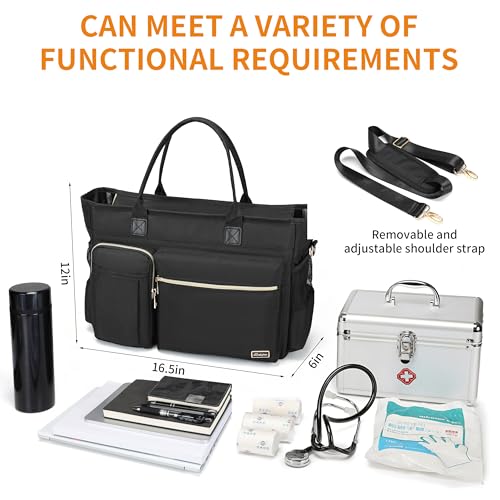 Rabjen Nurse Tote Bag for Work with Padded 15.6” Laptop Sleeve, Medical Supplies Shoulder Bag for Home Health Care - color: Light Black