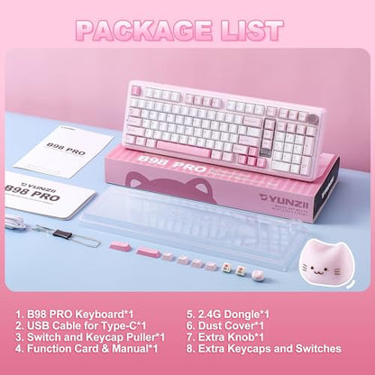 YUNZII B98 PRO QMK/VIA Wireless Mechanical Gaming Keyboard,96% Layout with Numpad and Cute Cat Knob, BT/2.4G/USB-C,Linear Switch Hot Swap Gasket,RGB for Win/Mac (Pink, Milk V2 Linear Switch) - color: Pink, size: Milk V2 Linear Switch