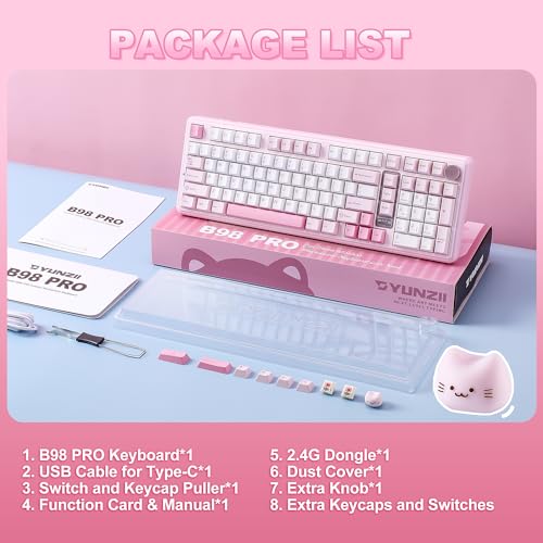 YUNZII B98 PRO Wireless Mechanical Gaming Keyboard, QMK/VIA | 96% Layout with Numpad,Dual-Style Knob Design,Pre-Lubed Switches,Hot Swap,Gasket,RGB for Win/Mac(Pink, Candy Linear Switch) - color: Pink, size: Candy Linear Switch