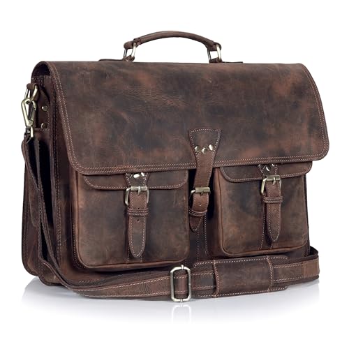 Vintage Leather Messenger Bag for Men & Women, Multi-Pocket Briefcase Satchel, Laptop Shoulder Bag - size: 16 inch Medium