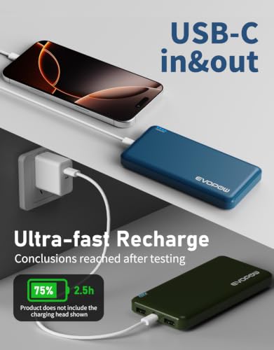 2-Pack Portable Charger, 10000mAh Power Bank, Battery Pack, Battery Bank | Slimmer, Fast Charging, USB C in&Out, for iPhone Tablet Samsung Pixel Headphones etc (Blue&Army green) - color: Blue&Army green