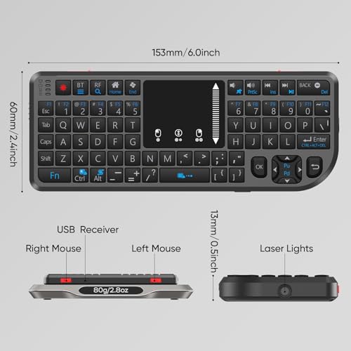 T808 Mini Wireless Keyboard,Upgraded Multi-Touch Touchpad | DPI Adjustment,2.4G+BT,rechargeable,laser pointer,7-color backlight,perfect for travel,office,and home use