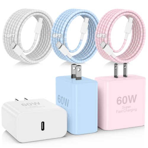60W Colorful USB C Quick Wall Charger Block for Galaxy S26 Android Phones, 3Pack Super Fast Charger Adapter with Braided 6/6/10FT Long USB C Charging Cable for Samsung Galaxy S26+/S25/S24/S23 Ultra - color: White+Pink+Blue, size: 60w(6+6+10)ft