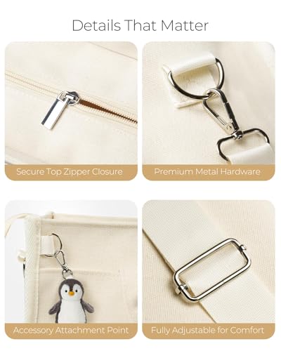 Canvas Tote Bag for Women With Zipper,14" Laptop Tote Bag for Work | Water Bottle Pocket,Padded Laptop Sleeve,Inner Key Leash,Premium Metal Hardware,Structured Canvas - color: Oat Beige