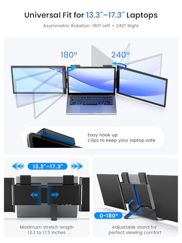 UPERFECT Laptop Screen Extender, 14'' Wireless Triple Portable Monitor, Ultra-Slim Dual Travel Monitor 125% sRGB One Cable Plug -Play Extender Monitor for MacOS/Win/Android, Fits 13.3-17.3" Laptops - size: 14"