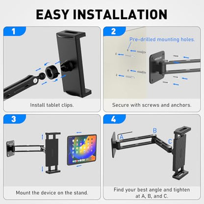 Dual Arm Tablet Wall Mount Ipad Holder, 4.7-13" | 360° Rotation Adjustable, Aluminum Extendable Arm, For iPad mini/Air/Pro/Galaxy Tab/Kindle, Kitchen Home Office - size: 2 Arm-Up to 13"