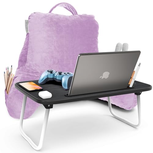 Clara Clark Reading Pillow with Portable Lap Desk Set for Kids, Back Pillow for Sitting Up in Bed, Memory Foam Back Support Pillow, Bed Rest Pillow with Foldable Laptop Desk, Small - Lavender - color: Lavender, size: Petite/Small