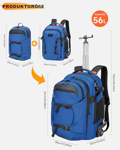 2-in-1 Detachable Rolling Backpack & Daypack, 56L Large Backpacks with Wheels Fits 17 Inch Laptop, Water Resistant, Carry On Luggage for College, Travel, Camping, Hiking Blue - color: Blue, style: Rolling Backpack