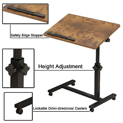 TigerDad Adjustable Overbed Table with Wheels, Rolling Laptop Bed Desk for Home Hospital Use, Height & Tilt Adjustable Mobile Table for Eating, Working, Reading in Bed or Sofa